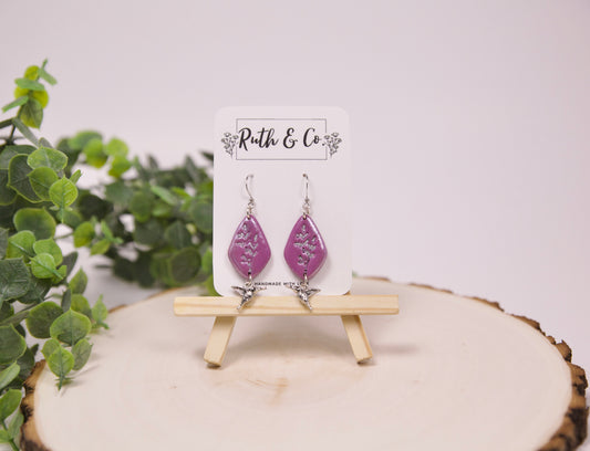 Handmade Polymer Clay Earrings Gold, Purple, and Little Humming Birds